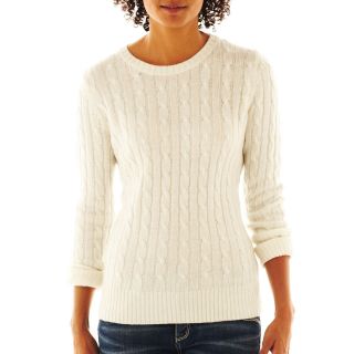 Wool Blend Cable Knit Crew Sweater   Talls, Ivory, Womens