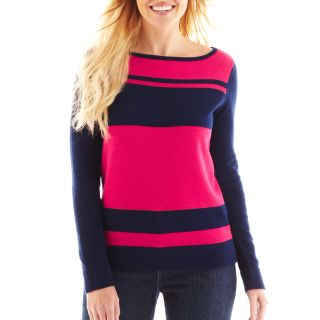 LIZ CLAIBORNE Long Sleeve Wide Striped Sweater, Bright Rose Multi, Womens