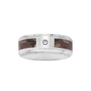 Mens 8mm Stainless Steel Diamond Accent Camouflage Wedding Band, White