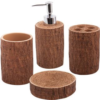 Jovi Home Woodland Bath Accessory 4 piece Set (TanRust freeSpot clean onlyDimensionsLotion dispenser 6.77 inches high x 2.87 inches wideToothbrush holder 4.73 inches x 2.87 inches wideTumbler 4.73 inches wide x 2.87 inches wideSoap dish 1 inch high x