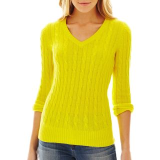 Wool Blend Cable Knit V Neck Sweater   Talls, Yellow, Womens