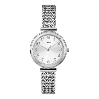 Timex Womens Silver Tone Beaded Chain Watch, White