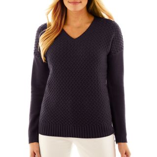 LIZ CLAIBORNE Long Sleeve V Neck Cable Knit Sweater   Talls, Navy, Womens