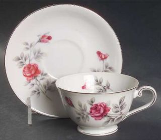Seyei Elegance Footed Cup & Saucer Set, Fine China Dinnerware   Red Roses, Gray/