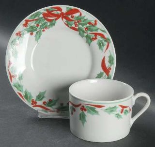 Gibson Designs Holiday Garland Flat Cup & Saucer Set, Fine China Dinnerware   Ho