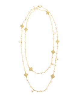 Gold Plated Flower & Faux Pearl Necklace, 60L