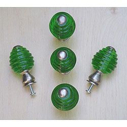 Emerald Green Beehive Glass And Satin Nickel Knobs (pack Of 5)