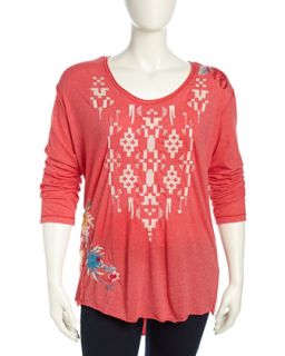 Long Sleeve Relaxed Embroidered Tee, Maraschino, Womens