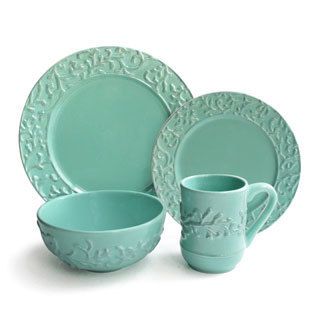 Waverly Savory Teal 16 piece Dinner Set (TealPieces 16 Service for Four (4)Style Casual dinnerwareMaterial EarthenwareMicrowave safe NoOven safe NoCare instructions Dishwasher safeSet Includes Four (4) 10.75 inch dinner platesFour (4) 8.125 inch s