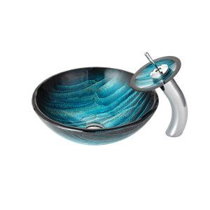 Kraus C GV 399 19mm 10CH Nature Ladon Glass Vessel Sink and Waterfall Faucet Chr