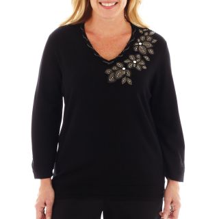 Alfred Dunner Monte Carlo Check Appliqué Floral Sweater   Plus, Black, Womens