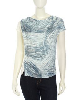 Feather Print Draped Georgette Blouse, Blue