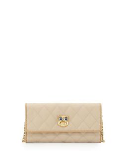Quilted Faux Leather Owl Wallet Clutch, Ivory/Beige