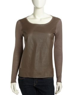 Scoop Leather Mesh Sweater, Olive