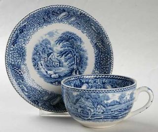 Adams China English Countryside Blue Flat Cup & Saucer Set, Fine China Dinnerwar