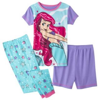 Disney Princess Girls 3 Piece Short Sleeve Ariel Pajama Set   Blue 8