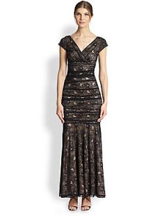 Laundry by Shelli Segal Ruched Lace Gown   Black