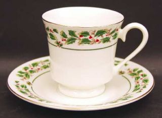 Cambridge Potteries Holly Traditions Footed Cup & Saucer Set, Fine China Dinnerw