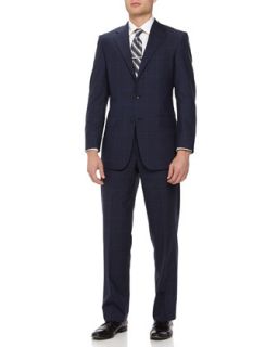 Two Piece Plaid Wool Suit, Navy