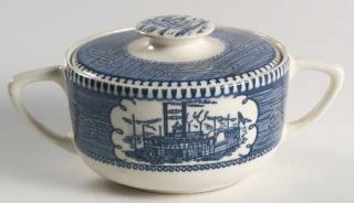 Royal (USA) Currier & Ives Blue Sugar Bowl & Lid, Fine China Dinnerware   Blue S