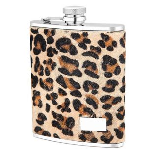 Leopard print Genuine Leather Cover Stainless Steel 6 ounce Flask