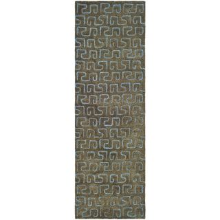 Handmade Puzzles Brown/ Blue New Zealand Wool Rug (26 X 12)
