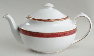 Spode Bordeaux Teapot & Lid, Fine China Dinnerware   Red Border, Gold Decor, Gol
