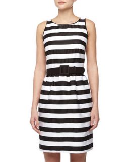 Striped Sateen Fit And Flare Dress, Black/White