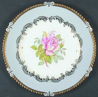 John Aynsley 7913 Dinner Plate, Fine China Dinnerware   Gray Rim, Pink Rose In C