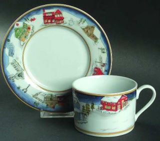 American Atelier Winter Village Flat Cup & Saucer Set, Fine China Dinnerware   B