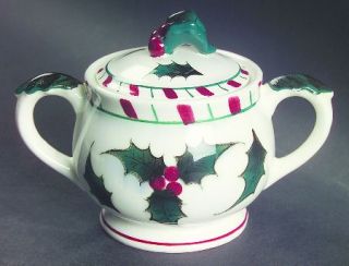 Lefton Holly Candy Cane Sugar Bowl & Lid, Fine China Dinnerware   Holly, Red Ber