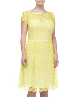 Cap Sleeve Floral Lace Dress, Yellow, Womens