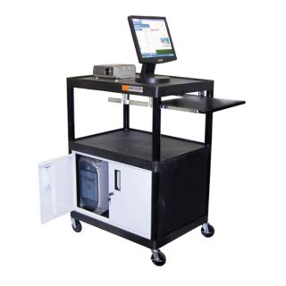 Mobile Stand Up Heavy Duty Presentation Av Cart With Lockable Storage Cabinet, Shelf/ Casters (BlackShelves Three (3)Weight limit 400 poundsDimensions 35.25 inches high x 24 inches wide x 18 inches deepAssembly required Yes )