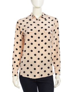 Long Sleeve Spotted Silk Blouse, Nude