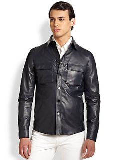 Salvatore Ferragamo Leather Shirt Jacket   Black