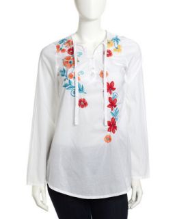 Flower Embroidered Tie Neck Tunic, White