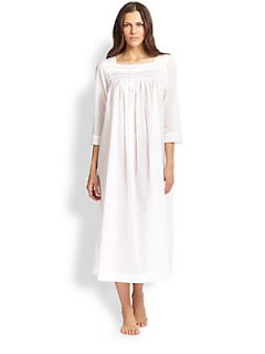 Oscar de la Renta Sleepwear Sheer Cotton Lace Trim Nightgown   White