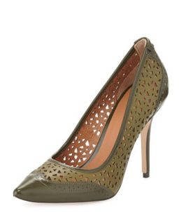 Amma Two Tone Perforated Leather Pumps, Green/Sage
