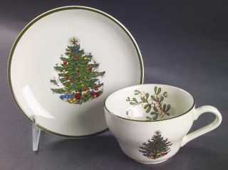 Cuthbertson Christmas Tree (Narrow Green Band,Cream) Flat Cup & Saucer Set, Fine