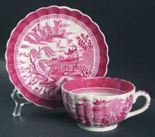 Spode Mandarin Pink (Chelsea,No Trim) Footed Cup & Saucer Set, Fine China Dinner