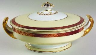 Noritake Penrosa Round Covered Vegetable, Fine China Dinnerware   Red Band, Gold