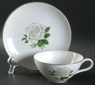 Sone Misty Rose Flat Cup & Saucer Set, Fine China Dinnerware   White Rose,Coupe,