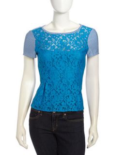Grand Entry Lace Striped Peplum Top, Blue/Ivory