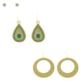 Womens Stud, Teardrop and Ring Earrings Set of 3   Gold/Crystal/Turquoise