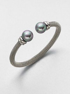 Majorica 12MM Grey Round Pearl & Stainless Steel Bangle Bracelet   Silver