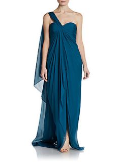One Shoulder Draped Silk Gown   Peacock