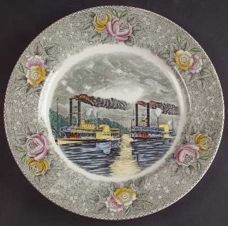 Adams China Currier & Ives (Gray&Pink Bdr) Dinner Plate, Fine China Dinnerware  
