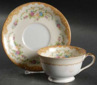 Noritake N135 Footed Cup & Saucer Set, Fine China Dinnerware   Tan Border,Floral