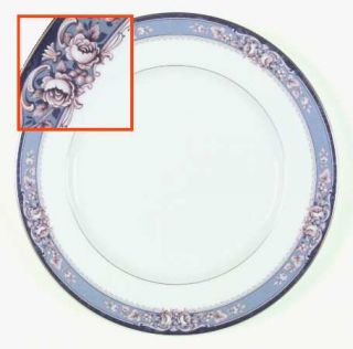 Noritake Lamelle Dinner Plate, Fine China Dinnerware   Bone,Blue Band,Pink Flowe