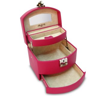 Laura Expandable Raspberry Leather Jewelry Box (RaspberryMaterials LeatherThree (3) expandable drawersMirror in the top lidIncludes lock and keyDimensions 6 inches high x 6 inches wide x 7 inches long  )